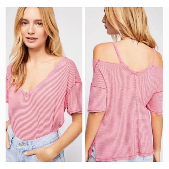 Free People Tops - Free People Sunkissed Striped Distressed Semi Cold Shoulder Tee